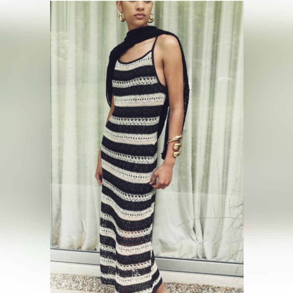 Zara Black and White Striped Crochet Midi Dress